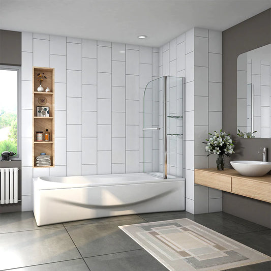1000|1200x1400mm Chrome Pivot 2 Fold Shower Bath Screen with Glass Shelves,Towel Rail