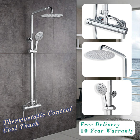 Thermostatic Shower Mixer Set Exposed Round Twin Head Chrome Valve 10" Overhead