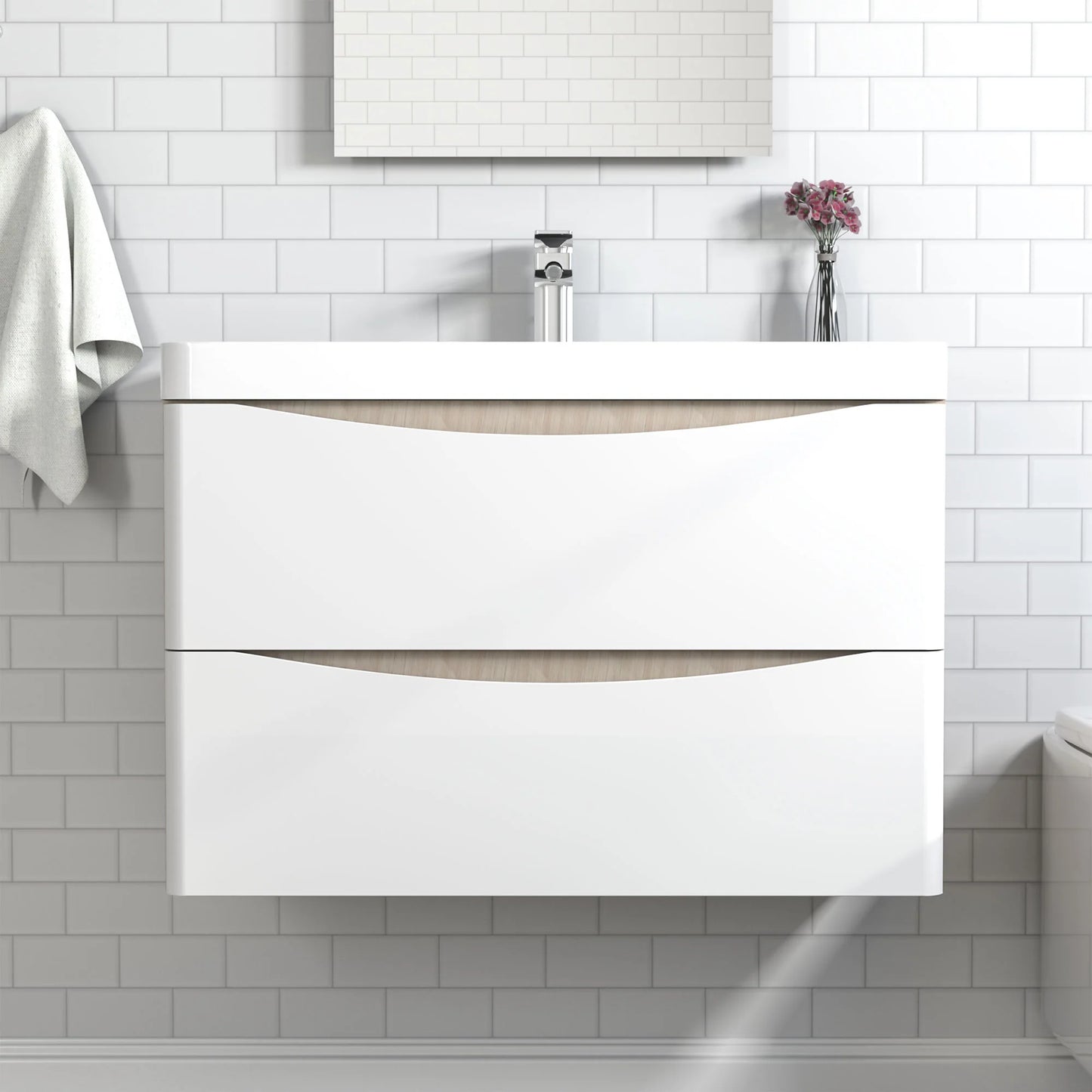 500/600/800mm Modern Wall Hung Oak Vanity Unit with Basin and 2 White Drawers