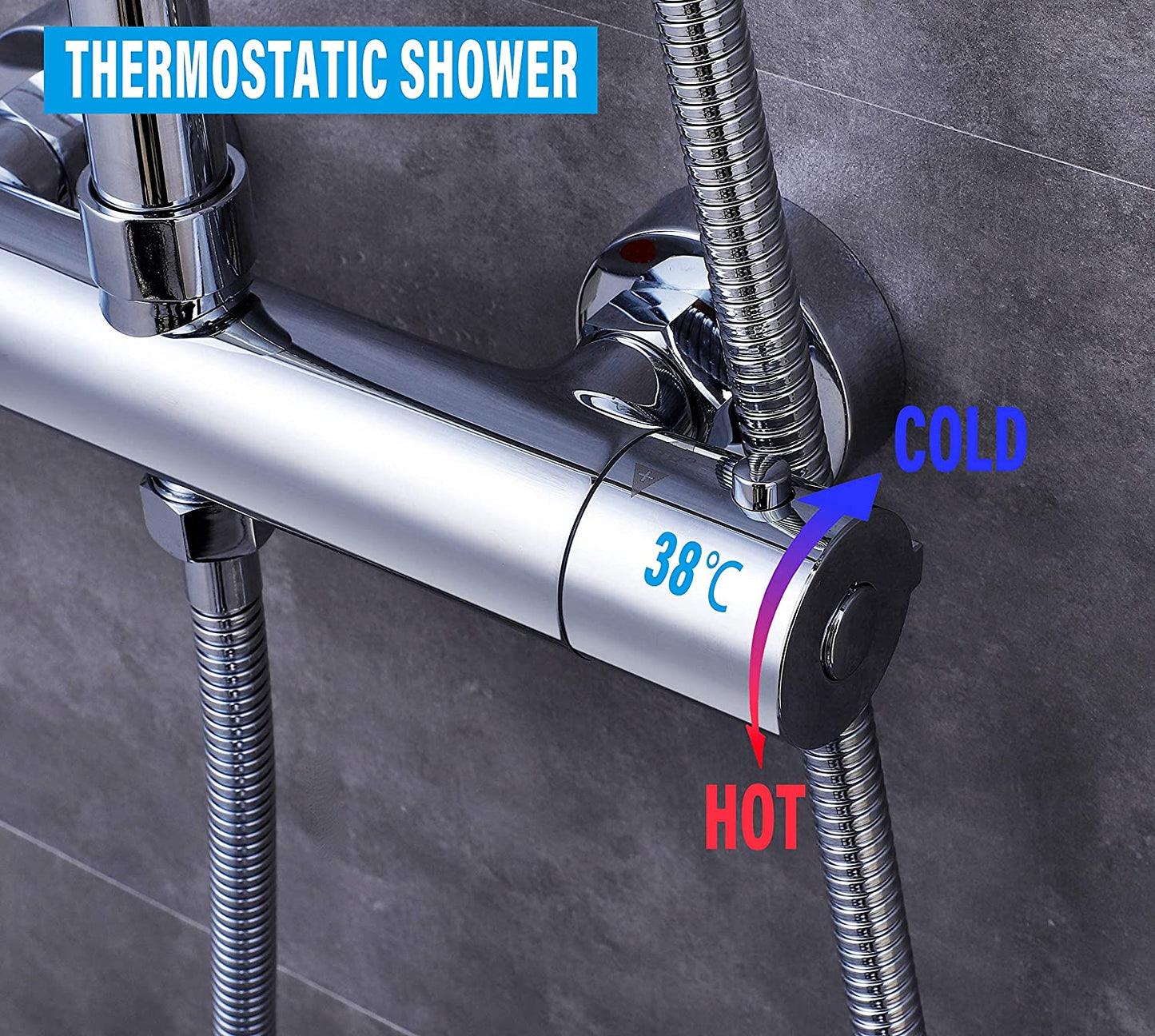 Thermostatic Shower Mixer Square 38 °C Thermostat Shower System with Rainfall Shower Head, 5-Function Handheld Showers, Anti Scald Shower Mixer Bar Kit, the height can be adjusted freely