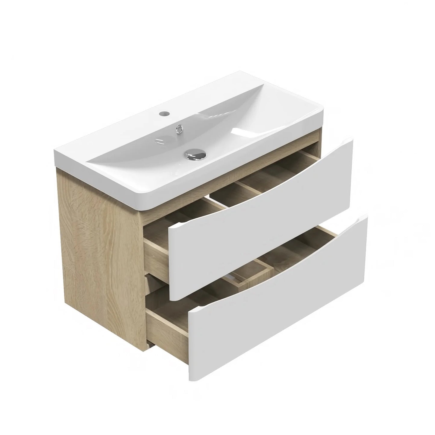 800mm Designer Wall Mounted Oak Vanity Units and Sink,with 2 White Drawers