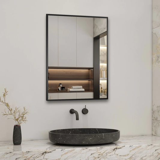 Modern Rectangular Glass Mirror | Black Frame | Wall Mounted Vanity