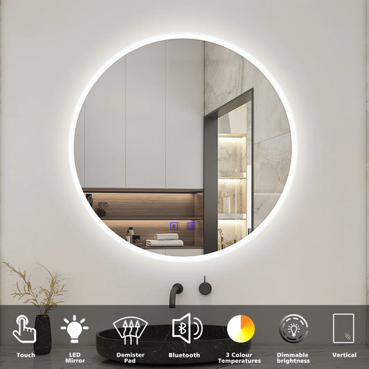 Round LED Bathroom Mirror with Demister Pad and Bluetooth|3 Colors|Dimming Function|IP44