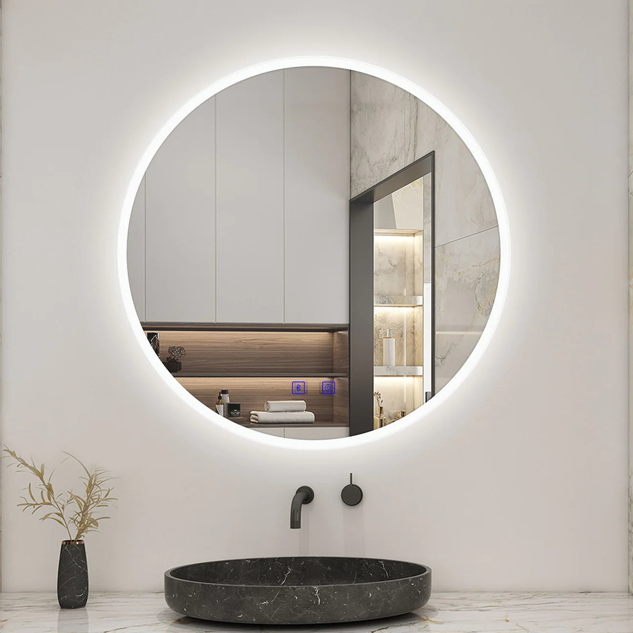 Round LED Bathroom Mirror with Demister Pad and Bluetooth|3 Colors|Dimming Function|IP44
