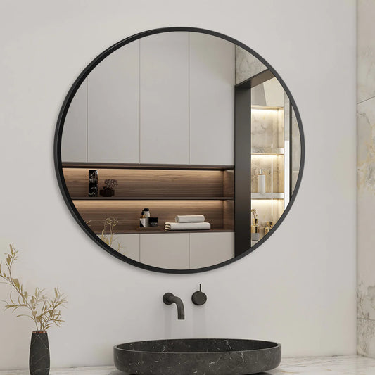 Modern Round Glass Mirror | Black Frame | Wall Mounted Vanity
