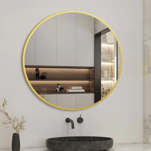 Modern Round Glass Mirror | Golden Frame | Wall Mounted Vanity