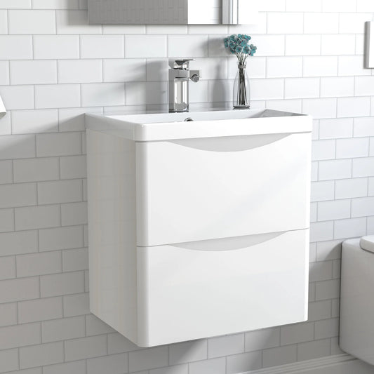 Bathroom Vanity Unit with basin, Wall-mounted, Matt White, 2 Drawers