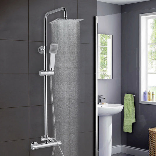hermostatic Shower Mixer Square Bar Set Exposed Valve Bathroom Twin Head Kit Chrome