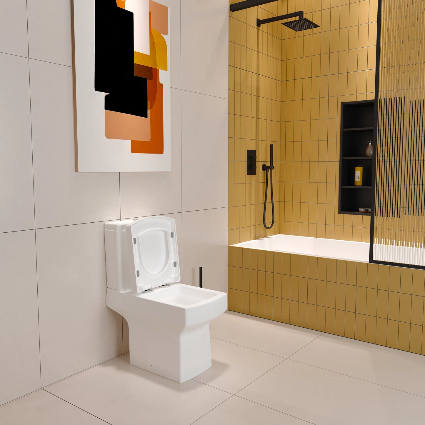 Ceramic Close Coupled Toilet White Soft Close Seat Dual Flush Square WC