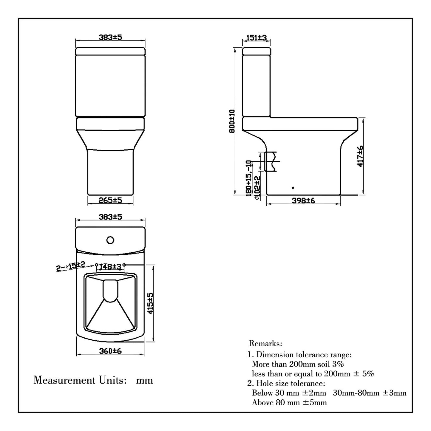 Ceramic Close Coupled Toilet White Soft Close Seat Dual Flush Square WC