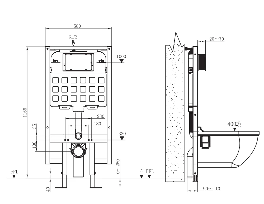 1140mm heigh concealed toilet cistern frame set