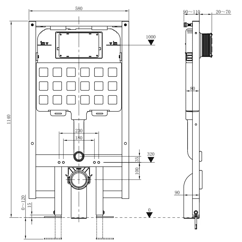 1140mm heigh concealed toilet cistern frame set