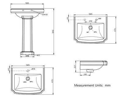 Traditional Pedestal Basin Sink Full Floorstanding - 2 Tap Hole