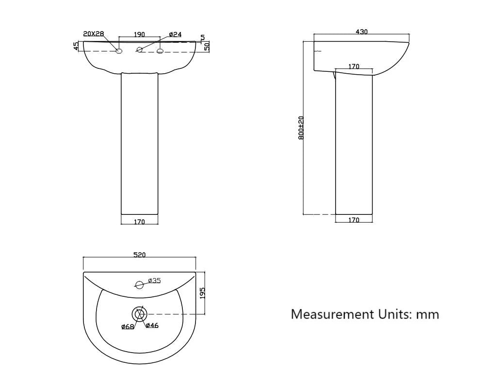 Single Tap Hole Pedestal Basin Sink Modern Full Floor standing