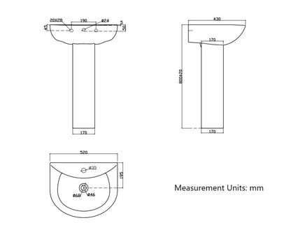 Single Tap Hole Pedestal Basin Sink Modern Full Floor standing