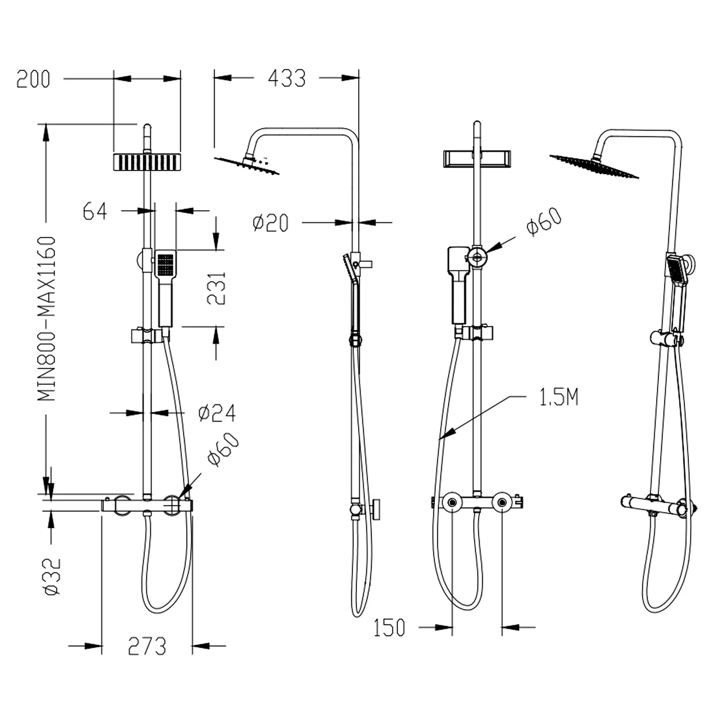 Bathroom Thermostatic Shower Mixer Set 8" Stainless steel Top Spray Handheld Shower Set.(08A)