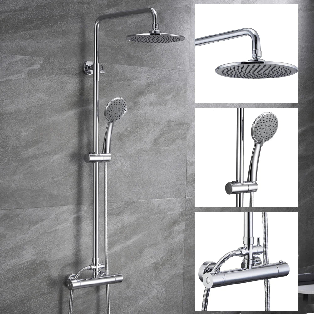 Bathroom Thermostatic Shower Mixer Set with Flexible 9" Stainless steel Top Spray and 3 Function Handheld Shower