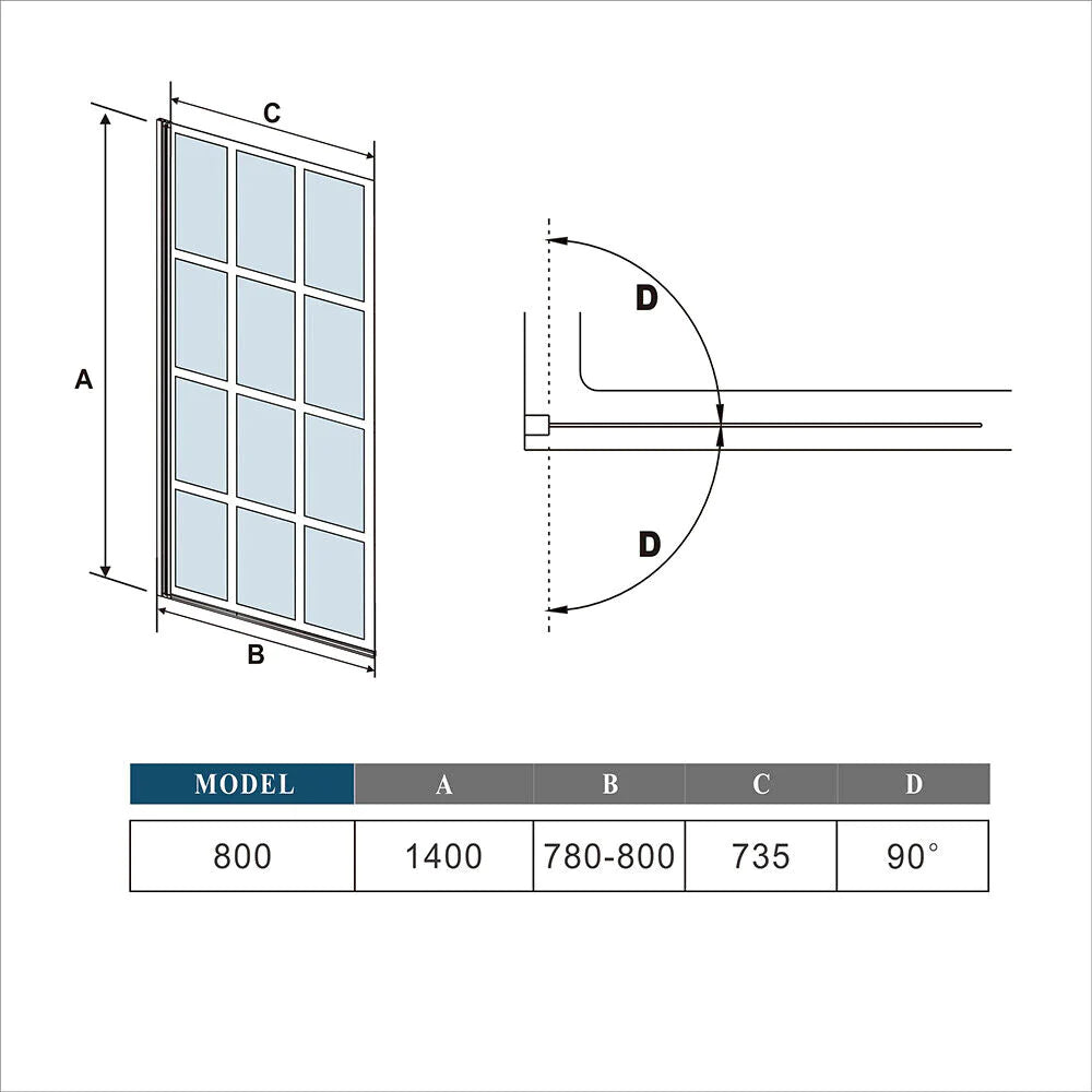 800x1400mm Matt Black Frame Pivot Bath Shower Screen Black Silk Door Panel