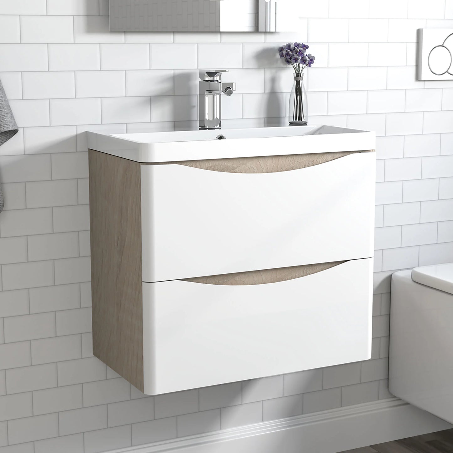 600mm Designer Wall Mounted Oak Vanity Units and Sink,with 2 White Drawers