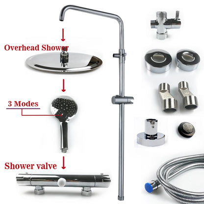 Thermostatic Shower Mixer Set Exposed Round Twin Head Chrome Valve 10" Overhead