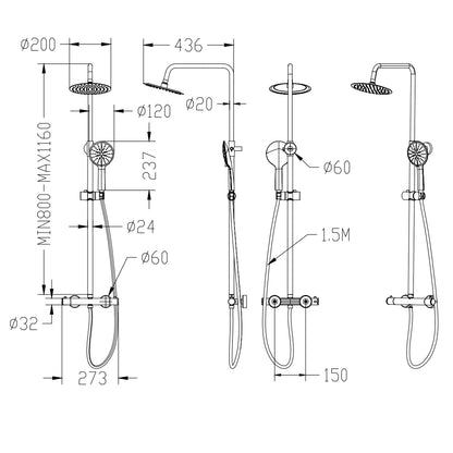 Thermostatic Shower Mixer Square 38 °C Thermostat Shower System with Rainfall Shower Head, 5-Function Handheld Showers, Anti Scald Shower Mixer Bar Kit, the height can be adjusted freely