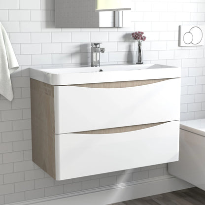 800mm Designer Wall Mounted Oak Vanity Units and Sink,with 2 White Drawers