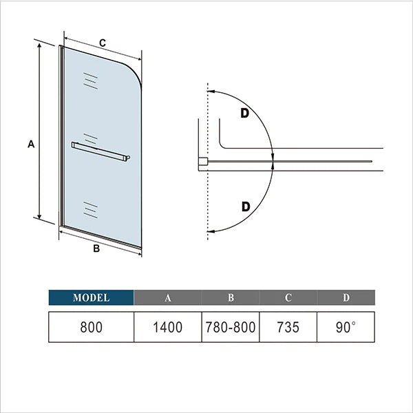 180 Pivot Bath Screen 800x1400mm degree clear Glass Over Bath Shower Door Screen Panel with Towel Rail Rack