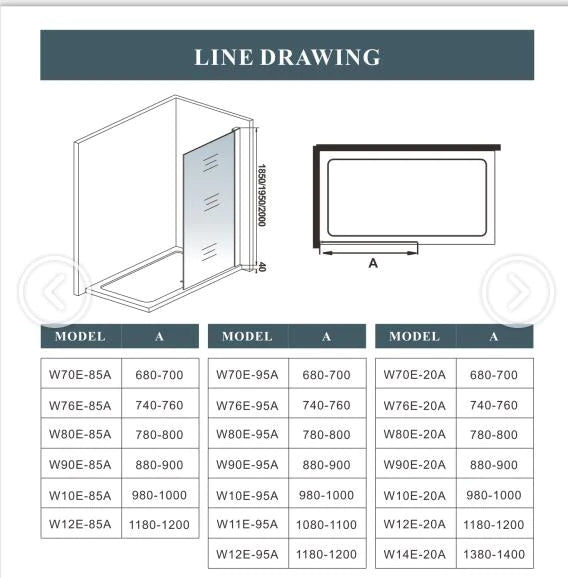 700-1400mm Walk in Wet Room Shower screen,8mm NANO glass,1850 1950 2000 Height