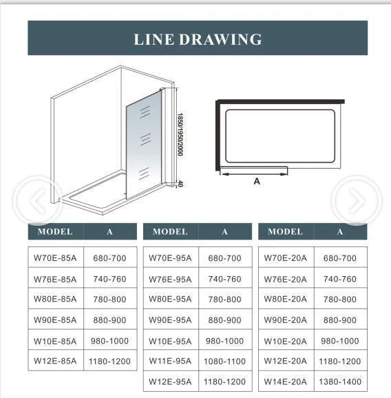 700-1400mm Walk in Wet Room Shower screen,8mm Easyclean glass,1850 1950 2000 mm Height