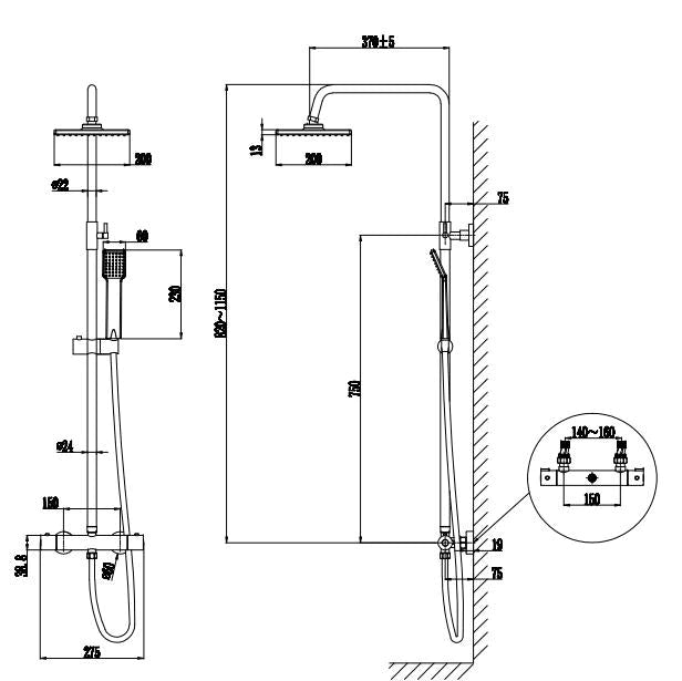 Thermostatic Shower Set Exposed Mixer Twin Head Valve Square Bathroom