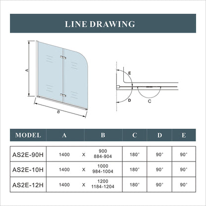 1400mm Height 180 degrees Hinge Chrome 2 Fold 6mm EasyClean Shower Bath Screen