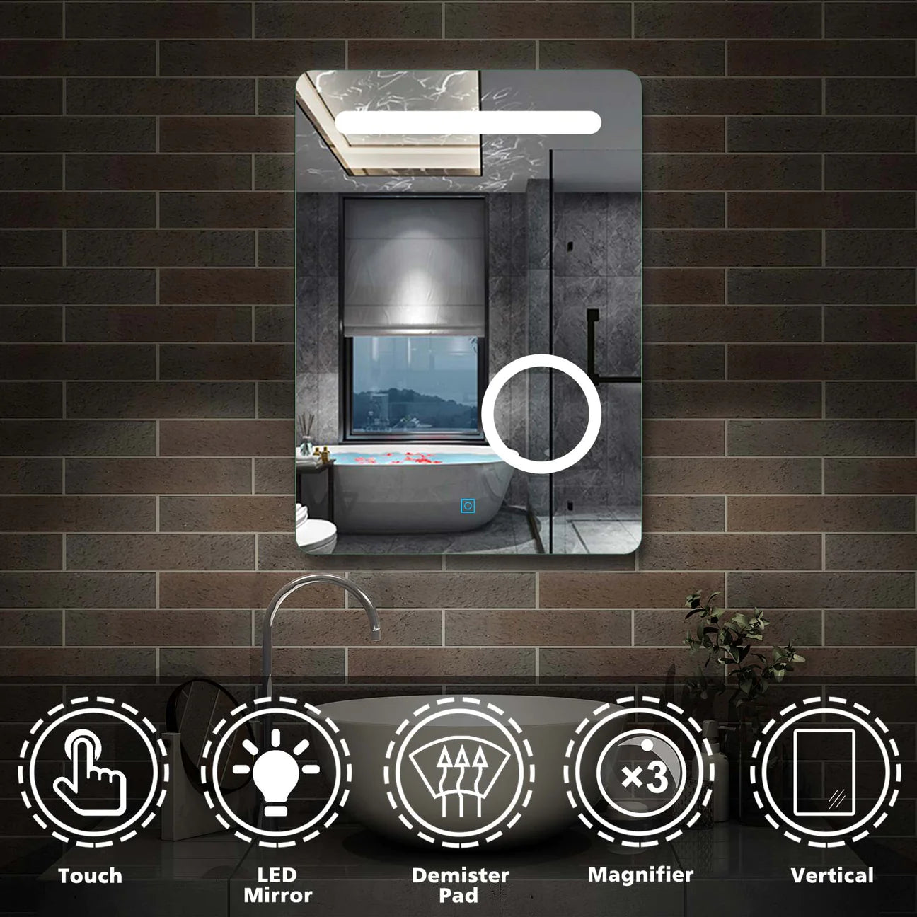 Bathroom LED Mirror with Demister Pad and 3x Magnification | Single Touch | IP44