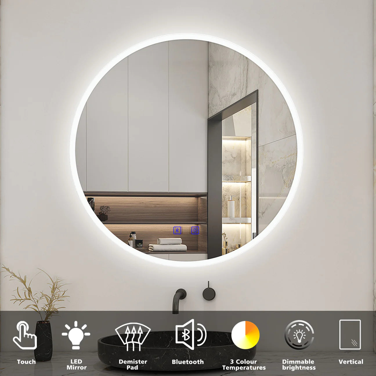 Round LED Bathroom Mirror with Demister Pad and Bluetooth|3 Colors|Dimming Function|IP44