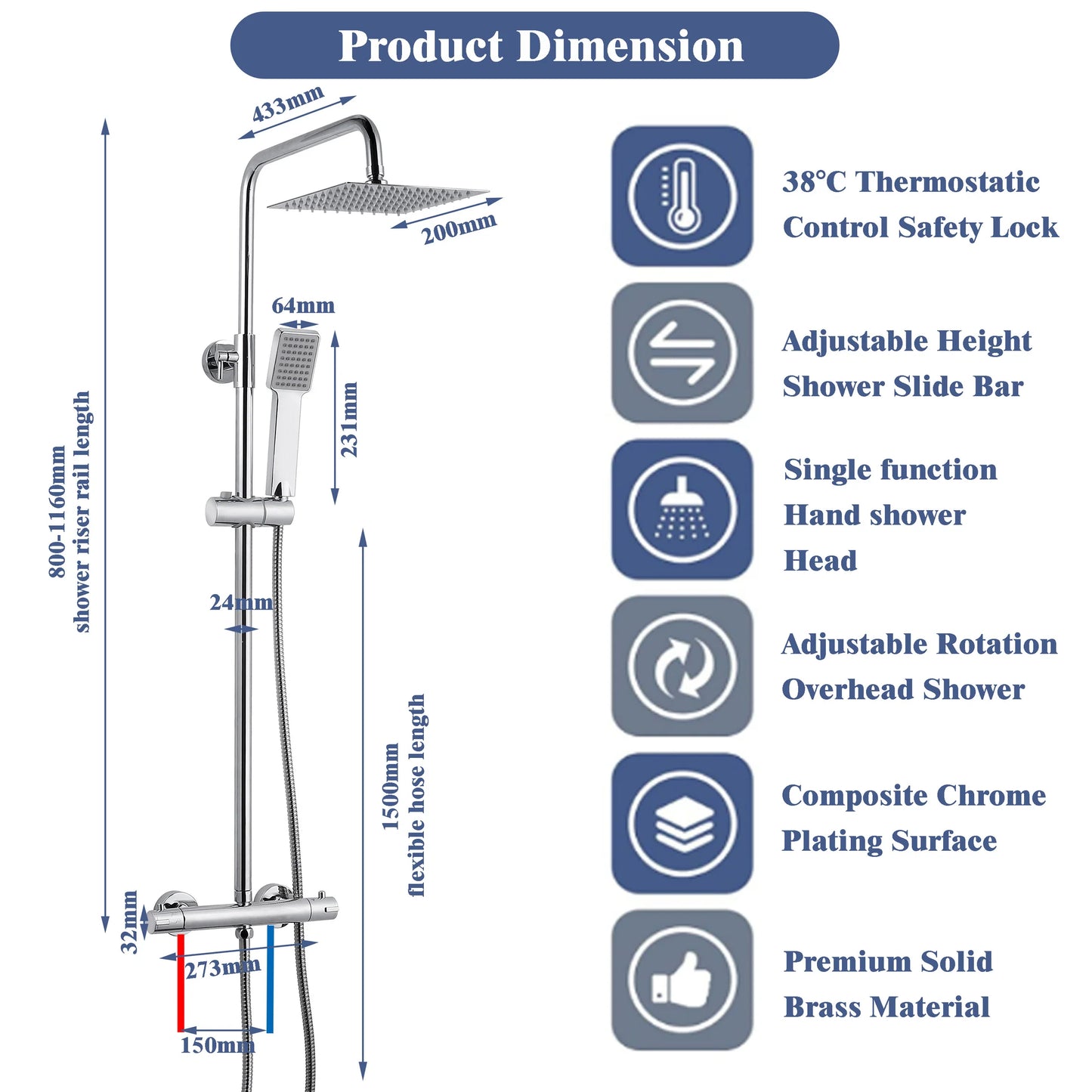 Bathroom Thermostatic Shower Mixer Set 8" Stainless steel Top Spray Handheld Shower Set.(08A)