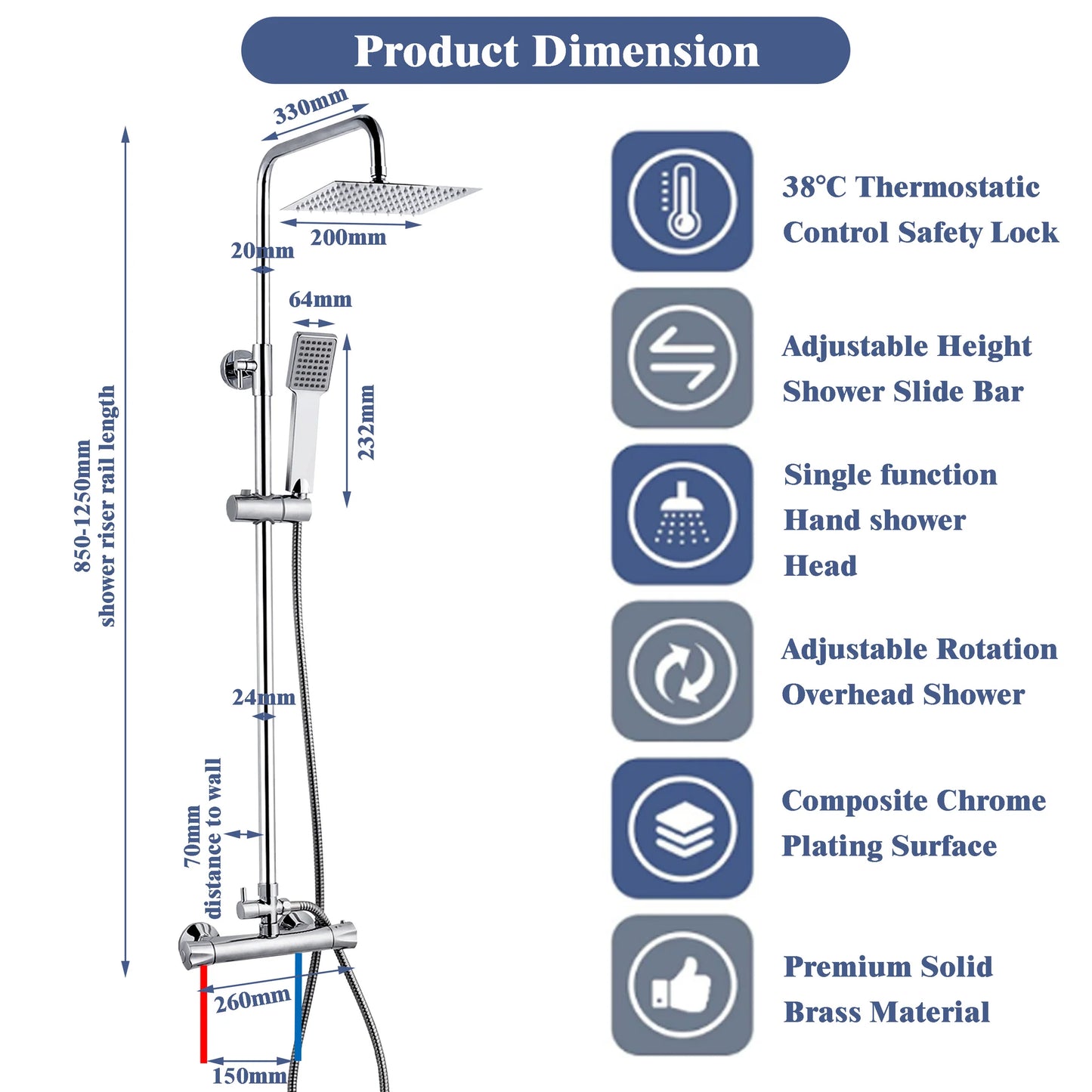 38 degrees constant temperature shower, from the original 24 "to 25", please note, our shower with chrome, square stainless steel ceiling set.