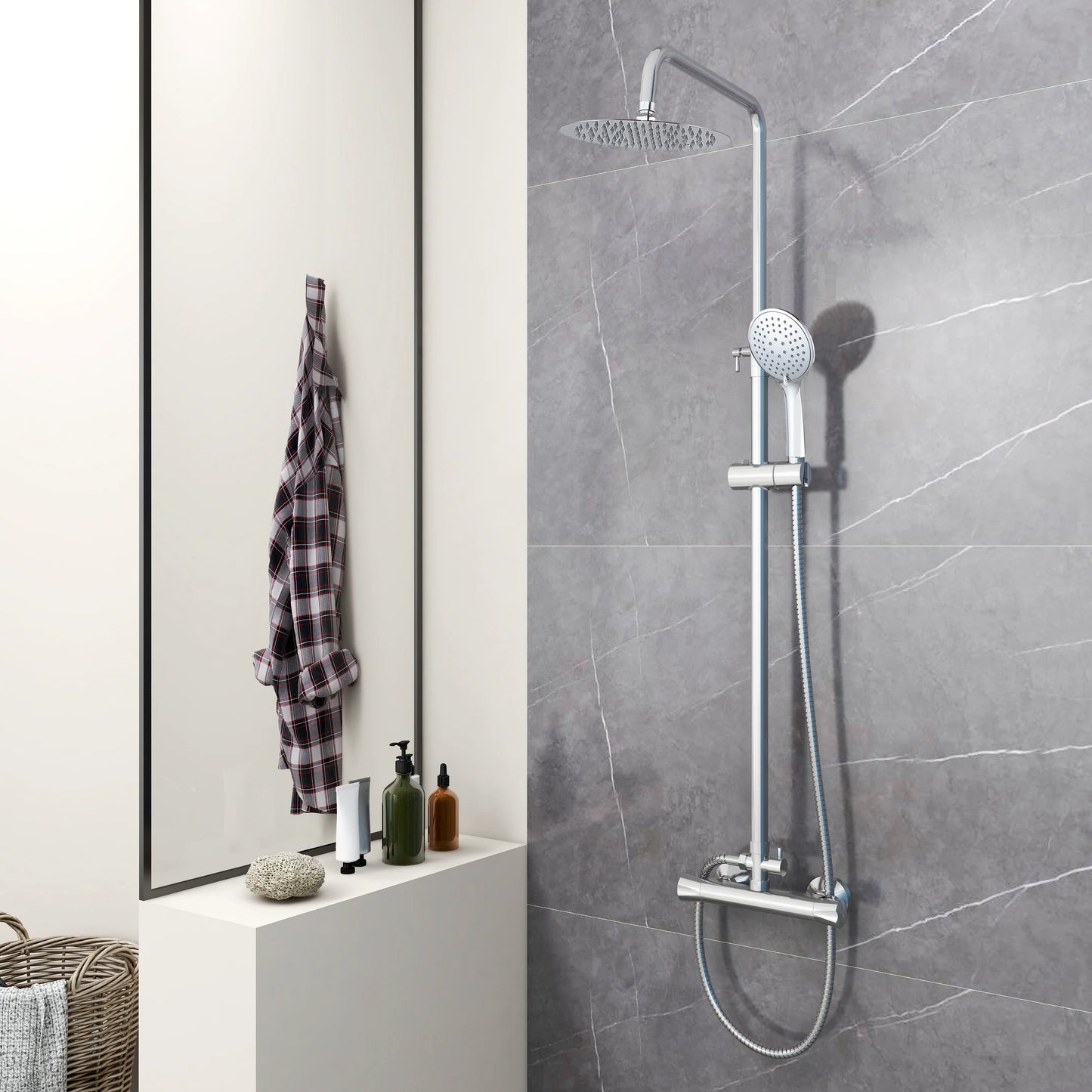 Thermostatic Exposed Shower Mixer Bathroom Twin Head Large Round Bar Set Chrome