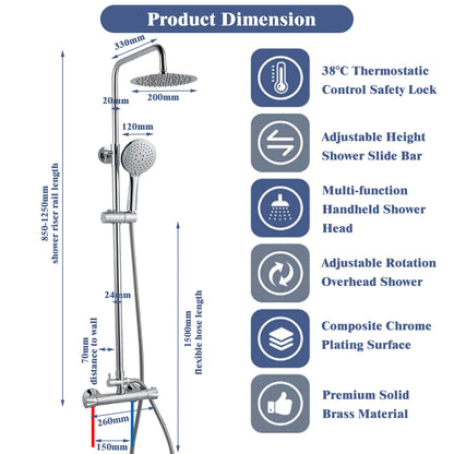 Bathroom thermostat Exposed Shower mixer double head large round bar setting Chrome setting