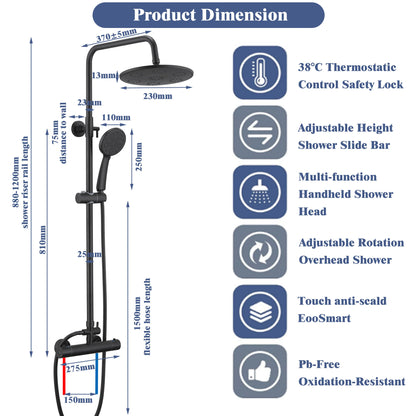 Bathroom Thermostatic Shower Mixer Set 9" Stainless steel Top Spray 3 Function Handheld Shower