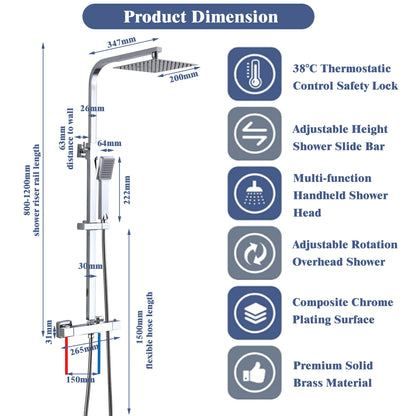 Bathroom Thermostatic Shower Mixer Set 8" Stainless steel Top Spray Single Function Handheld Shower Set(17)