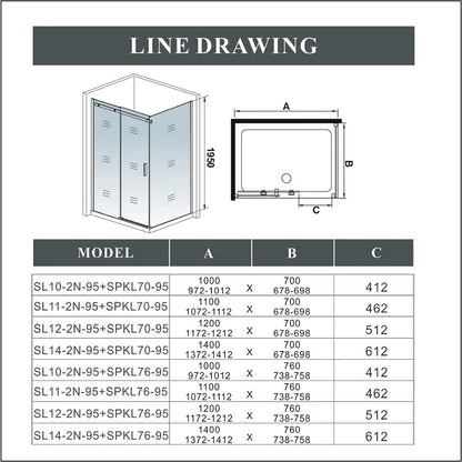 1000mm|1100mm|1200mm|1400mm Sliding Shower Door,700-900mm Side panel, 1950mm Height