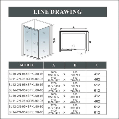 1000mm|1100mm|1200mm|1400mm Sliding Shower Door,700-900mm Side panel, 1950mm Height