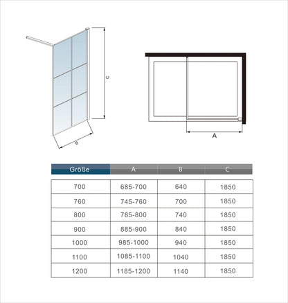 Black Walk in Wet Room Shower screen 8mm Easyclean glass Width 700-1200mm ,1850 mm Height