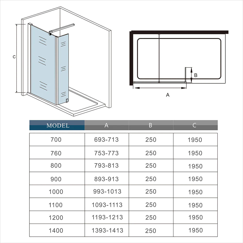 700-1400mmx1950 Chrome Walk in 8mm EasyClean shower screen,250|300mm side panel