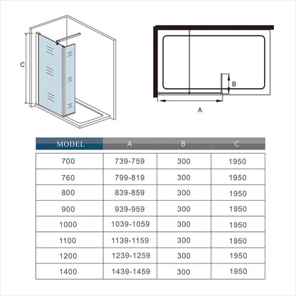 700-1400mmx1950 Chrome Walk in 8mm EasyClean shower screen,250|300mm side panel