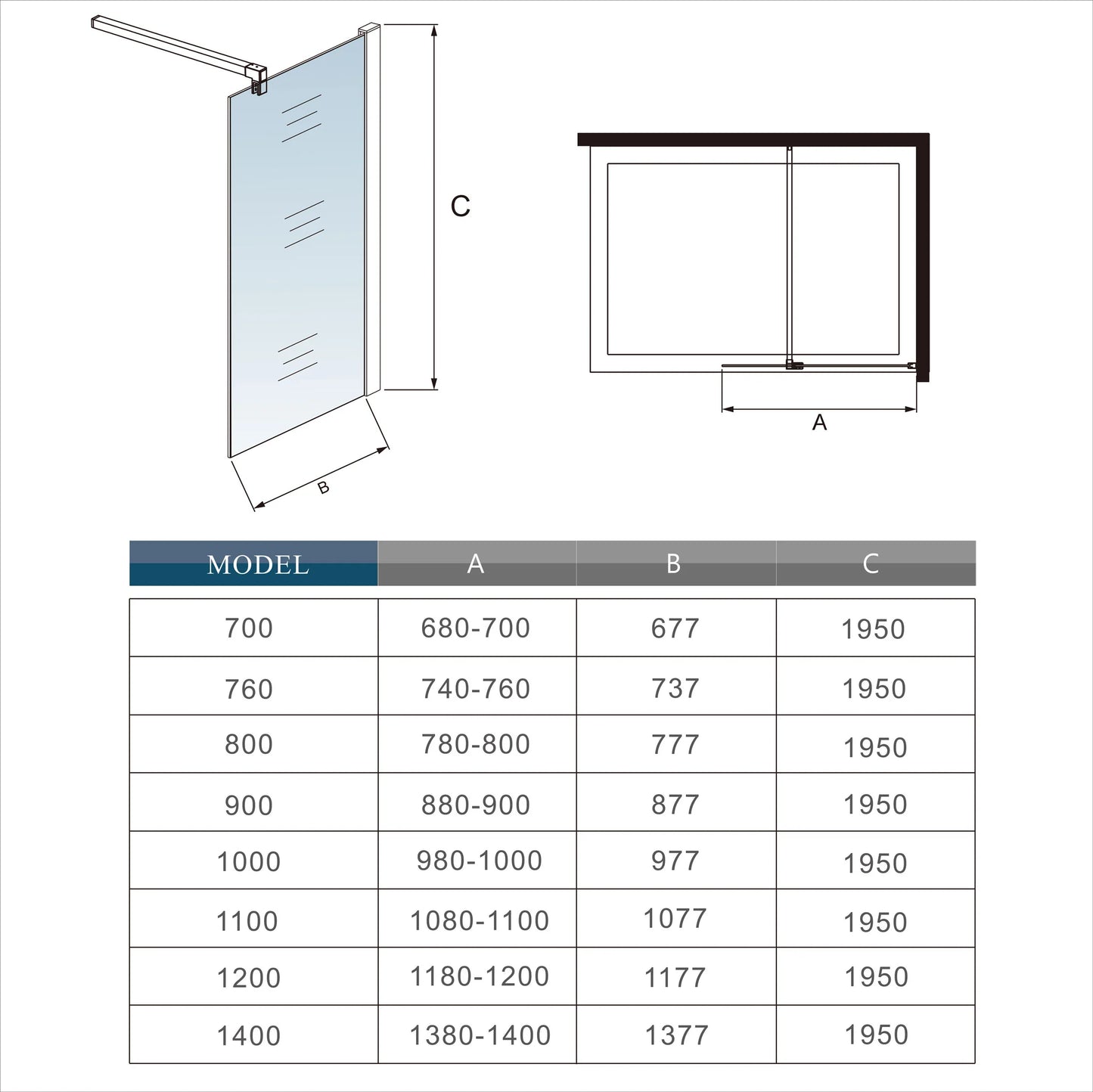 Wet Room Shower screen 8mm Nano Easy Clean Tempered Clear Glass,1850 1950 2000 Height