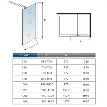 700-1400mmx1950 Chrome Walk in 8mm EasyClean shower screen,250|300mm side panel