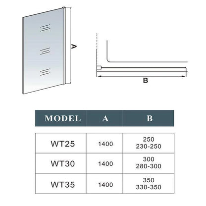 25cm | 30cm | 35cm | 70cm | 80cm Square Cut Fixed Panel Over Bath Shower Screen 1400mm Height