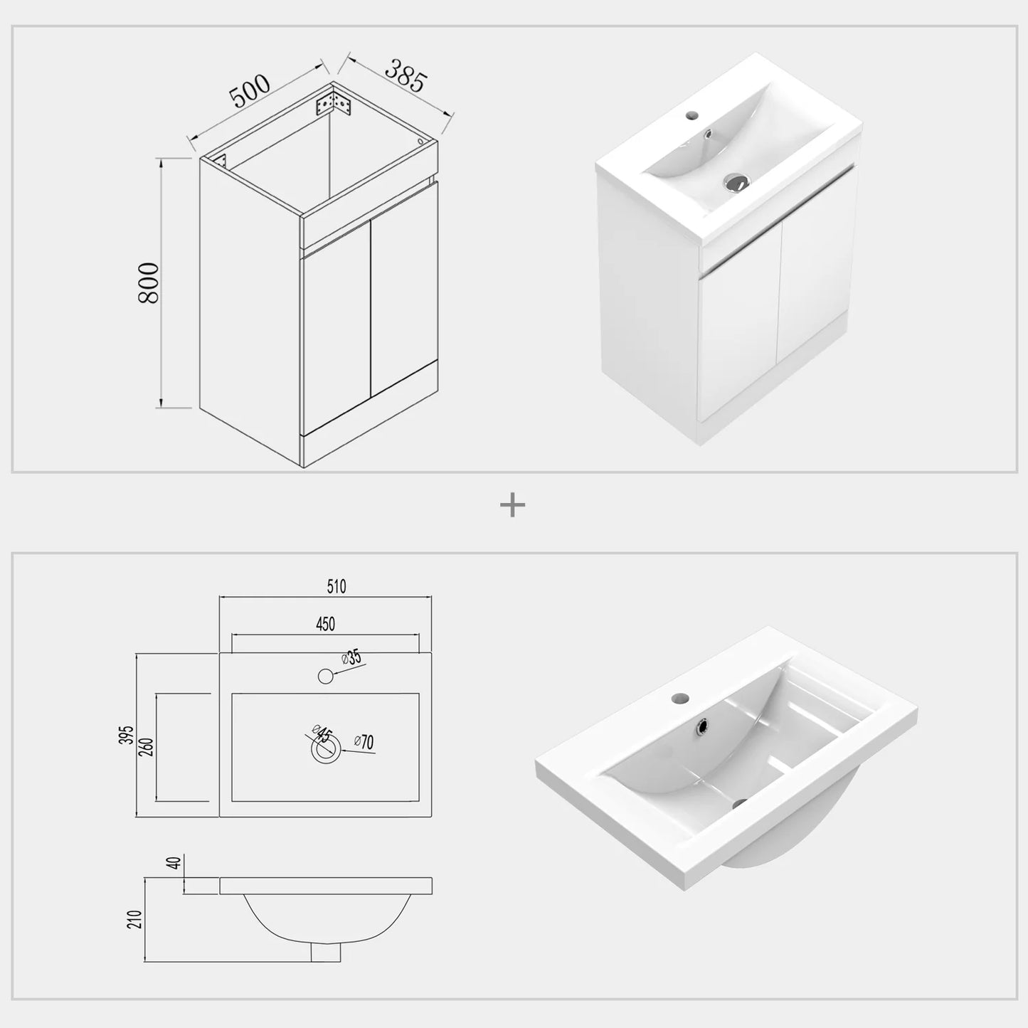 500 600mm Freestanding Bathroom Vanity Unit with Basin White Grey