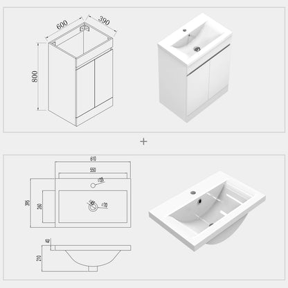 500 600mm Freestanding Bathroom Vanity Unit with Basin White Grey