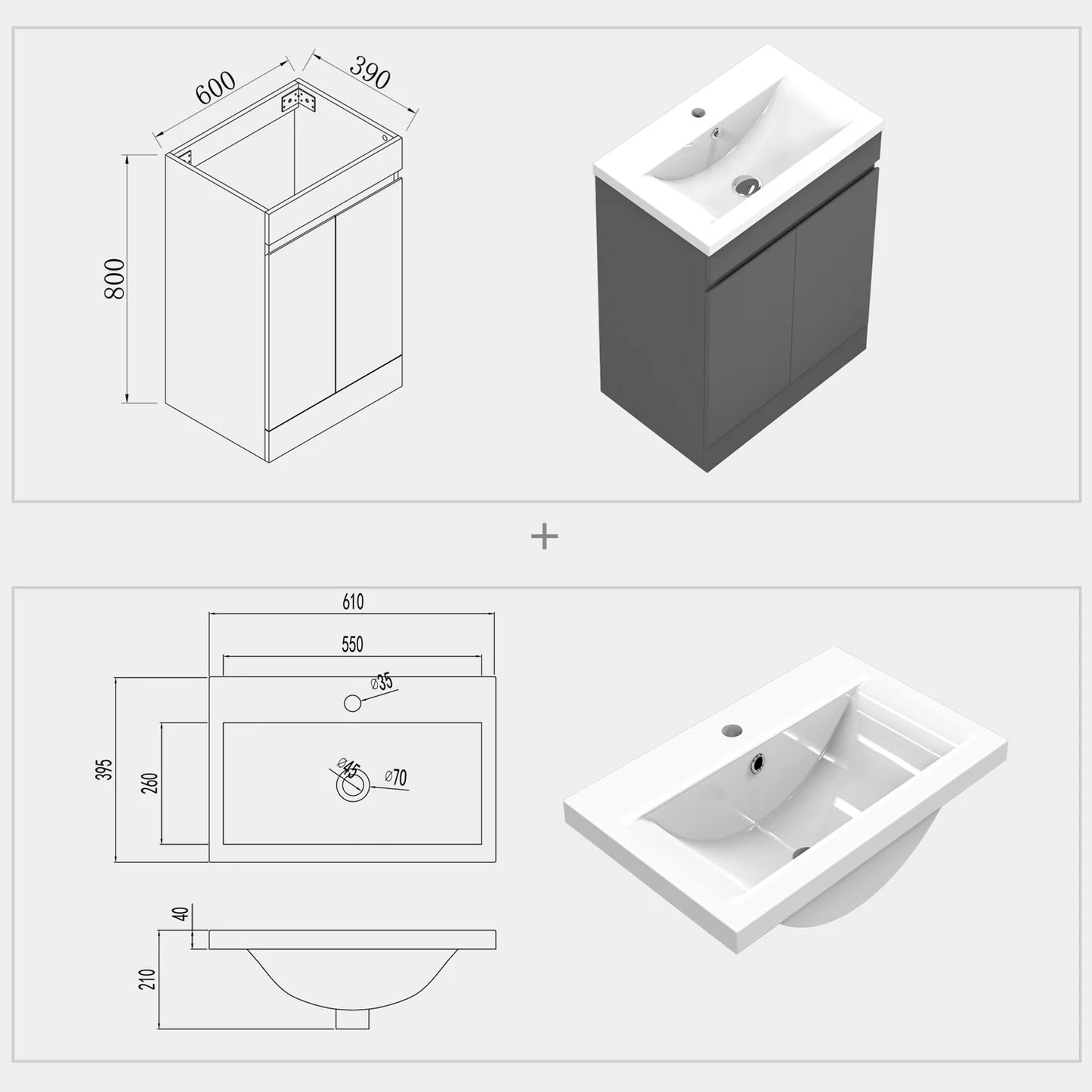 500 600mm Freestanding Bathroom Vanity Unit with Basin White Grey